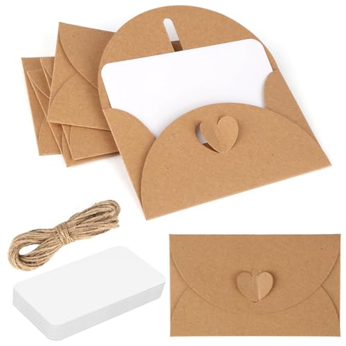 Lahnao 50 Stück Mini Briefumschläge Mit 100 Blanko Papier Karten, Kraftpapier Kleine Umschläge Mit Herz Verschluss für Geschenkkarten, Dankeskarten, DIY Graffiti