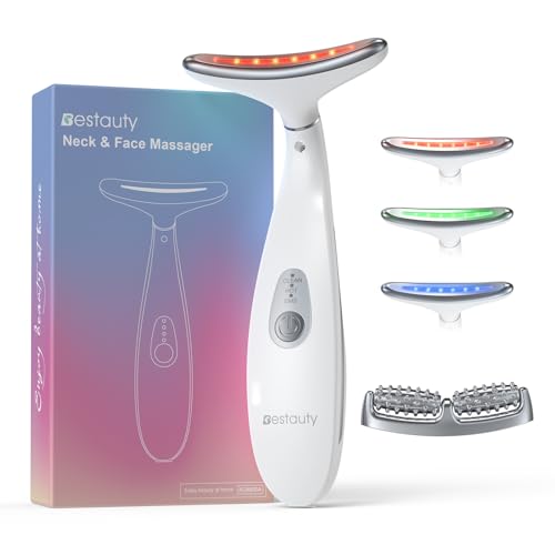 Bestauty Gesichtsmassagegerät mit Doppelroller, 45°C Wärme & Vibration Hautpflegegerät, 3 Modi für Hautstraffung & Halskonturierung, Komplettset mit Ersatzkopf & USB-C, Geschenk für Frauen, Weiß