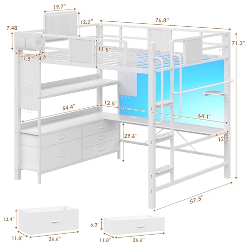 Image of Dnxao Full Size Loft Bed with Desk and 5 Storage Drawers, Heavy Duty Metal Loft Bed with Charging Station, LED Lights & Pegboard, Space-Saving Workstation for Teens & Adults, White