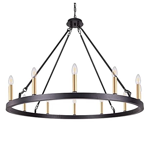Tochic 39'' Black Farmhouse Chandelier Light Fixture, 12 Lights Large Wagon Wheel Chandelier for High Ceiling Dining Living Room Foyer, Rustic Candle Pendant Lighting for Antique Vintage Wild West