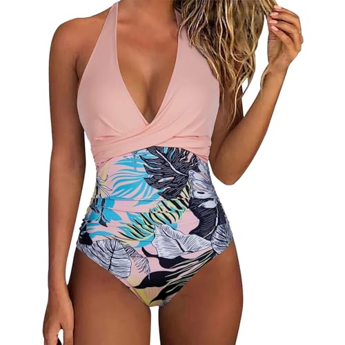 Women's One Piece Swimsuits Plus Size Boho Swimwear Tummy Control Front Cross Bathing Suits Tie Back Slimming V Neck