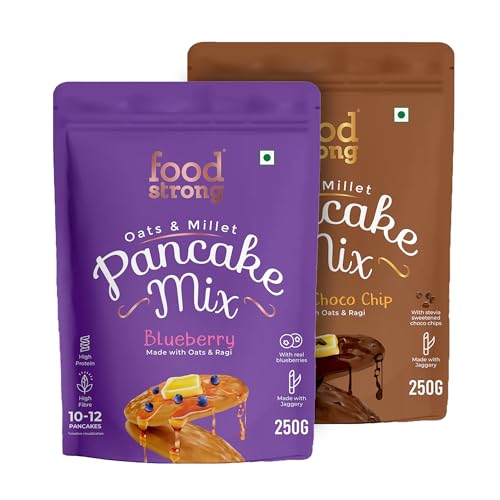 Image of Foodstrong Oats & Millets Blueberry & Double Choco Chip Waffle & Pancake Mix, High Protein & Fibre, No Maida, No Refined Sugar - With Jaggery, Eggless Instant Breakfast Mix 250g x Pack of 2