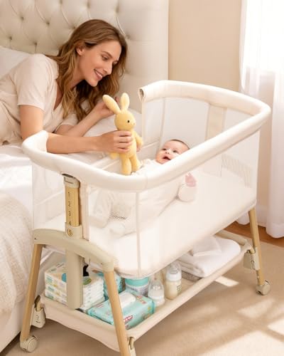 3 in 1 Baby Bassinet with Wheels, Bedside Bassinet Sleeper for Newborn, Portable Baby Crib with 7 Adjustable Height & Large Storage Basket & Full-Mesh, Easy Folding Baby Bed for Infant (Beige)