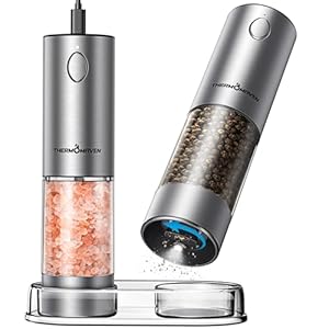 Electric Salt and Pepper Grinder Set, 110ml Larger Rechargeable Automatic Salt and Pepper Mill Grinder with 6 Adjustable Coarseness, Electric Salt and Pepper Shakers, LED, 2 Packs, Silver