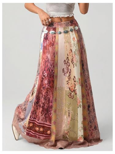GORGLITTER Women's Floral Patchwork Boho Maxi Skirt High Waisted Lace A Line Renaissance Skirts4