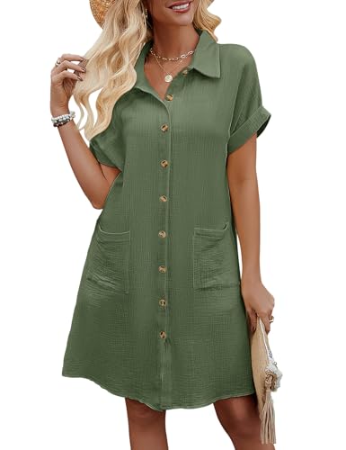Niwicee Womens Summer Dresses V Neck Short Sleeve Shirt Dress Casual Button Down Short Cotton Dresses T-Shirts Dress Beach Cover Up Dress with Pockets for Holiday Beach Daily(Green,L)