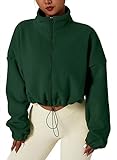 QINSEN Women's Full Zip Fleece Short Jacket Warm Winter Long Sleeve Stand Collar Sherpa Crop Coat Forest Green M