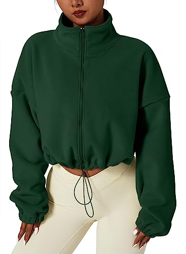 QINSEN Women's Full Zip Fleece Short Jacket Warm Winter Long Sleeve Stand Collar Sherpa Crop Coat Forest Green S