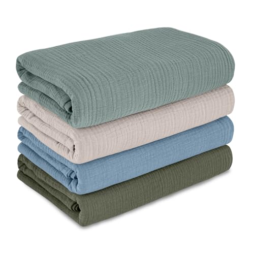 Baby Pucktuch aus 100% Baumwolle, 4er Pack Mullwindel und Musselin Babydecke 95x100 cm, Wickeltuch Swaddle Decke Puckdecke Mulltuch für Neugeborene und Babys