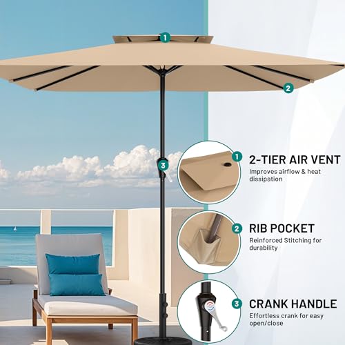 Image of AreShark 8'x10' 2 Tiers Rectangular Patio Umbrella - Outdoor Umbrella Waterproof UV Protection, Market Table Umbrella w /Crank for Pool, Backyard, Deck(Beige)