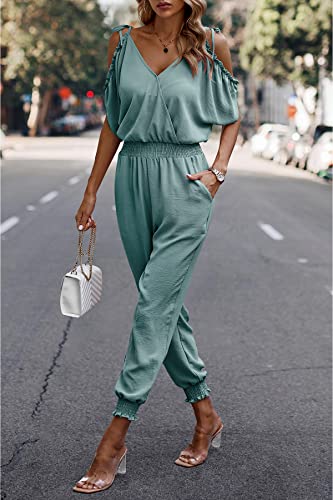 Cflonge Womens One Piece Jumpsuits 2023 Summer Casual Wrap V Neck Rompers Cold Shoulder Vacation Outfits(Fruit Green,Small) #TOP3