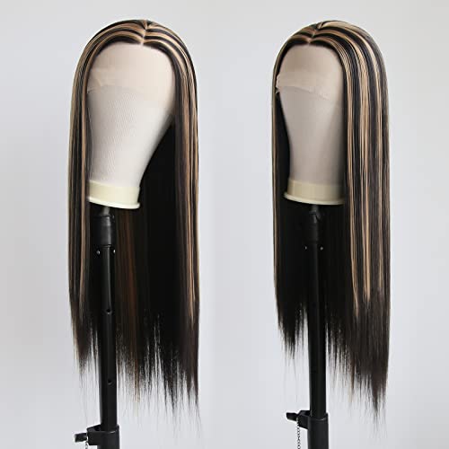 Towarm Balayage Wig Black Highlight #27 Middle Part Synthetic Lace Front Wigs for Black Women Long Straight Natural Heat Resistant Fiber 13x3.5inch Hand Tied Cosplay Wig (Piano Color 1B/#27)