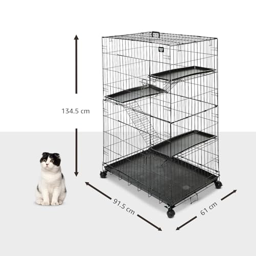 Image of amazon basics Multi-Level 3-Tier Cat Playpen Cage | Large | Spacious Metal Enclosure with Platforms & Removable Tray (Black),1