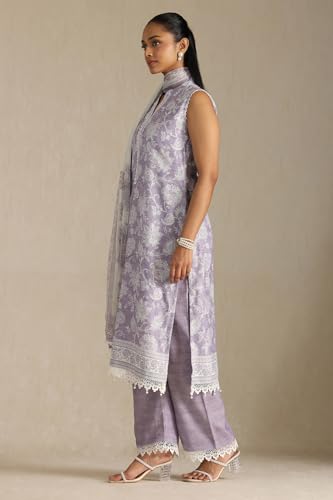 Image of Soch Womens Purple Linen Blend Botanical Print Suit Set With Beads