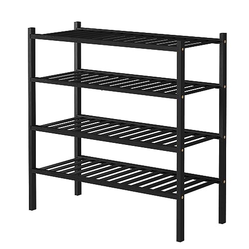 4 Tier Bamboo Shoe Rack for Closet Free Standing Wood Shoe Shelf for Entryway Small Space Stackable 27"x11"x26" (Black)