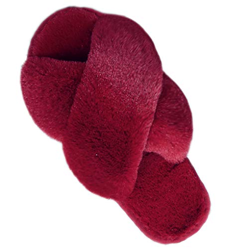 LZLER Women Fuzzy Fluffy Furry Slippers Fur Flip Flop Open Toe Slippers Cross Band Shoes Slides for Ladies House Home Indoor Outdoor(Red 11)