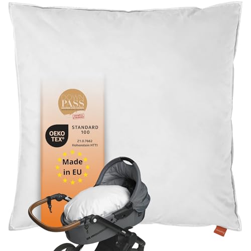 sleepling Kinderwagenkissen 80 x 80 cm aus 100% Baumwolle, Füllung aus 400 gr. neuen weißen Gänsefedern u. Daunen, weiß