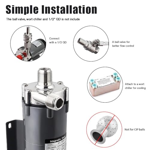 FERRODAY Wort Brewing Pump, Stainless Head Magnetic Drive Brew Food Safe Water High Temp Homebrew Beer Pump with 1/2" NPT Thread
