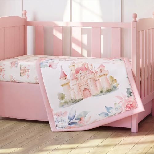Image of Hahafelt 3 Pcs Princess Baby Crib Bedding Set Pink Enchanted Princess Theme Decor for Infant Bed with Watercolor Castle Carriage Design Print Includes Quilt, Fitted Sheet, Skirt for Baby Girl Gifts