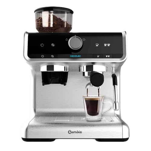 Cecotec Cafetera Express con Brazo con Doble Salida Power Espresso 20 Bares Barista Cream, 1550 W, Depósito de Café en Grano 250g, Molinillo 30 Niveles, Thermoblock, Depósito Agua 2.5 L, Acero Negro