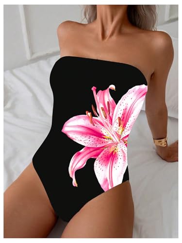 SOLY HUX Women's One Piece Swimsuit Floral Print Bandeau Strapless Bathing Suit Swimwear3