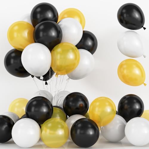 Black Gold and White Balloons, 75 Pack Matte Black White and Pearl Gold Latex Balloons with Ribbon, 12 Inch Black Gold Birthday Party Balloons for Anniversary Celebration Wedding Party Decorations