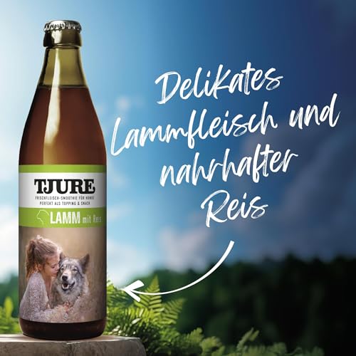 TJURE Hundesmoothie | Lamm & Reis | 6 x 320 ml | Flüssiges Ergänzungsfuttermittel für Hunde mit Frischfleisch & Gemüse | Getreidefrei | Laktosefrei | Glutenfrei | Made in Germany