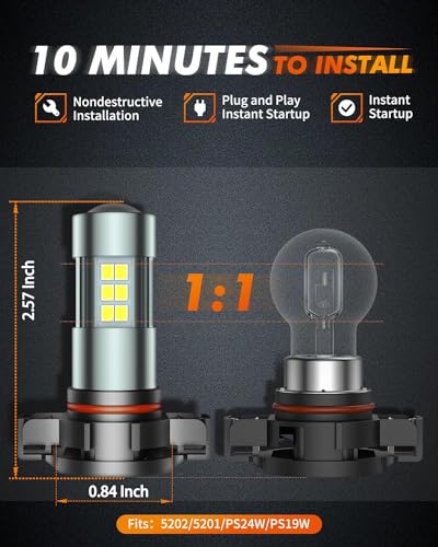 SEALIGHT 5202 LED Fog Lights Bulbs 2504/H16 Type 1(European Type, Not for Japan Vehicle)/PSX24W/9009, DOT Approved, Xenon White 6000K, 27 SMD, 1 Yr Warranty (Pack of 2)