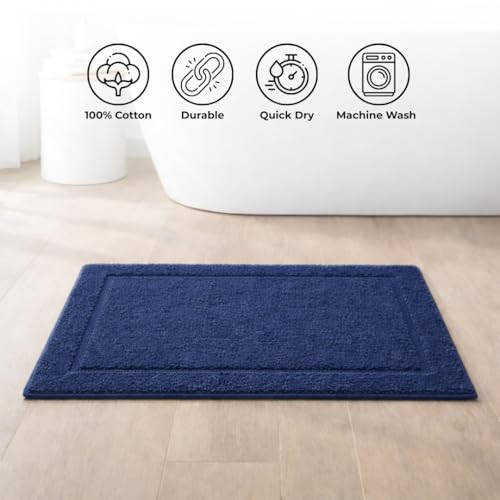 Image of Premium Combed Cotton Tufted Bathmat 50 x 80 cm, 1800 GSM Soft Absorbent Anti Skid Bathroom Floor Mat with Latex Backing, Quick Dry Non Slip Bath Rug for Shower Daily Use, Race Track Navy