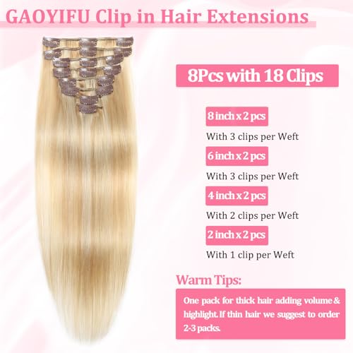 Image of Clip in Hair Extensions Real Human Hair, Human hair Clip ins Extensions | Seamless Invisible Human Hair Extensions Clip ins Straight 8Pcs Double Weft Dark Blonde Highlight Bleach Blonde 24 inch 120g
