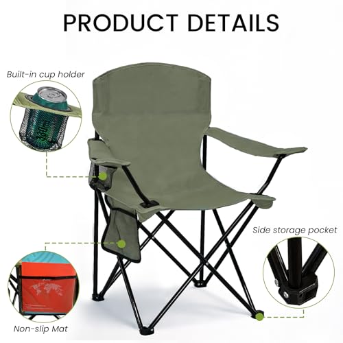 SAILARY Portable Folding Camping Chair with Cup Holder & Side Storage Bag, 300lbs Weight Capacity, Lightweight High Back for Beach, Picnic, Sports, Green - Image 4