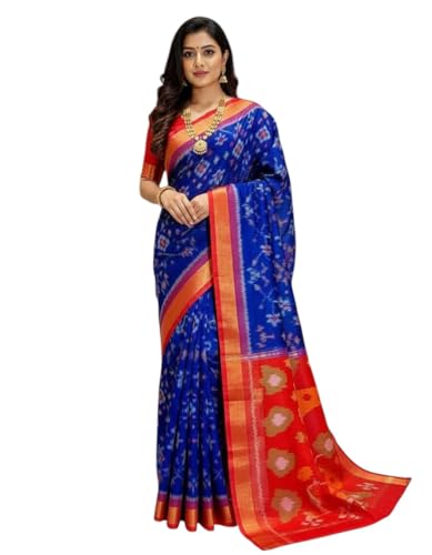 Image of AYYAPPASILK Women's Exclusive Ikkat Silk Saree for Designer Border with Contrast Blouse