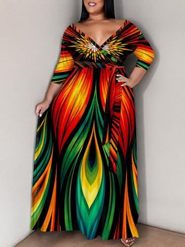 Image of SUZONANA Plus Size Maxi Dresses for Curcy Women Casual Loose 3 /4 Sleeve Long Dress with Belt