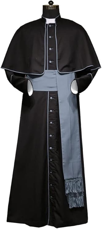 BARGAIN MEGHASHOP Men's Roman Cassock Robe WithTrim Clergy Pulpit Long Cassock Church Uniform Catholic Robe Coaplay Costume Size-(S-6XL) (Black-grey Trim, X-large)