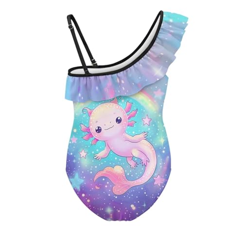 Image of WELLFLYHOM Axolotl Girls One Piece Swimsuits 3-14 Ruffle One Shoulder Bathing Suits Full Coverage Beachwear