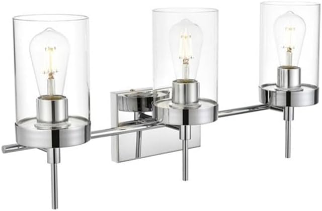 Pemberly Row 3-Light Iron and Glass Bath Sconce, 24" W x 11" H, Chrome Finish, Clear Bell Glass Shades, Dimmable, Damp-Location Rated, Bathroom Vanity Lighting