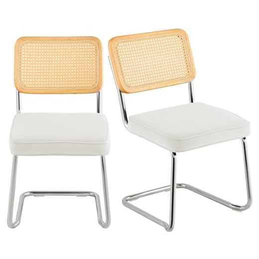 VEVOR Rattan Chairs, Set of 2, Mid Century Modern Dining Chair, Upholstered Velvet Accent Chair with Rattan Back, Retro Dining Room Kitchen Chair for Living Room, Bedroom, Reading Room, Office, White