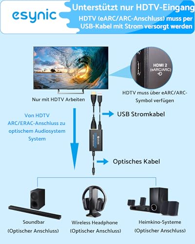 eSynic Professioneller 192 kHz eARC ARC Audio-Extraktor ARC HDMI auf optischen Audio-Extraktor mit HDMI und optischem Kabel, unterstützt 5.0 und 2.0 Audio-Format für HDTV zu Soundbar (muss TV eARC ARC