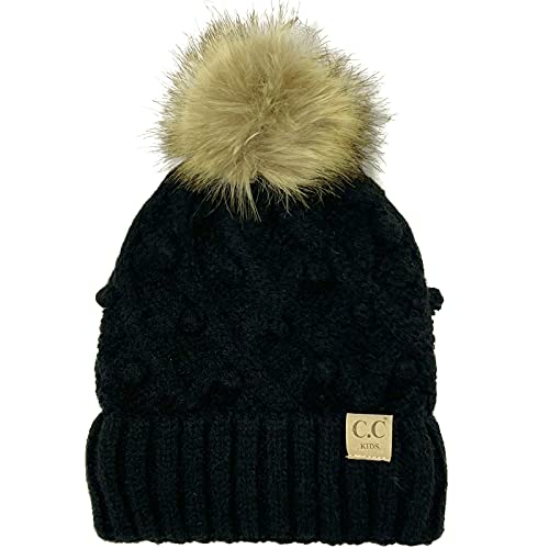 Kids CC Ages 2-7 Sherpa Lining Pompom Thick Stretchy Knit Beanie Cap Hat (Handmade Bobble Black)