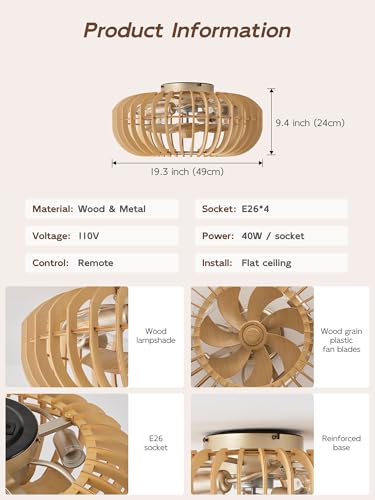 Image of 20 inch Wood Ceiling Fans with Lights Flush Mount, Caged Boho Ceiling Fan with Light Remote Control, Wooden Low Profile for Bedroom, Living Room, Nursery