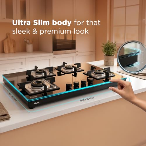 Image of Glen 4 Burner Ultra Slim Premium LPG Gas Stove | 8 MM Thick Toughened Glass Top | 1 Jumbo Forged Brass Burner | Manual Ignition | 2 Years Standard And 5 Years Glass Warranty | CT1045USTN