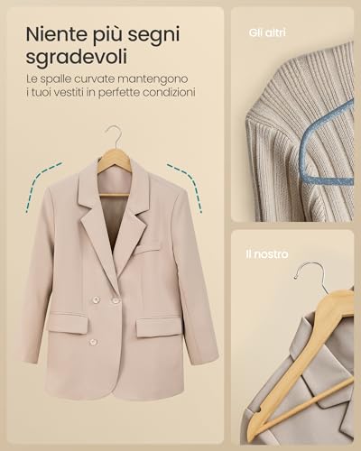 SONGMICS Grucce Appendiabiti Legno, 10 Pezzi, Appendini, Scanalature su Spalle, Gancio Girevole a 360°, Legno di Betulla, Risparmio di Spazio, per Pantaloni Giacche, Beige Naturale CRW035KZ01 - Immagine 4