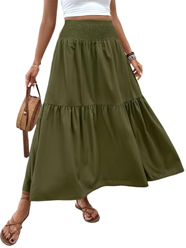 Women's Summer Floral Maxi A-Line Boho Skirt, Summer for Women 2025 Vacation Boho Floral Tiered (10,Army Green)