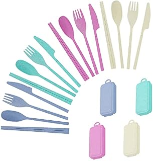 Travel Cutlery Set with Case, 4 Pack Detachable Portable Camping Cutlery Set, Reusable Plastic Cutlery Set with Knife, Fork, Spoon, Chopsticks Set for Outdoor Travel Picnic Office School Lunch Box