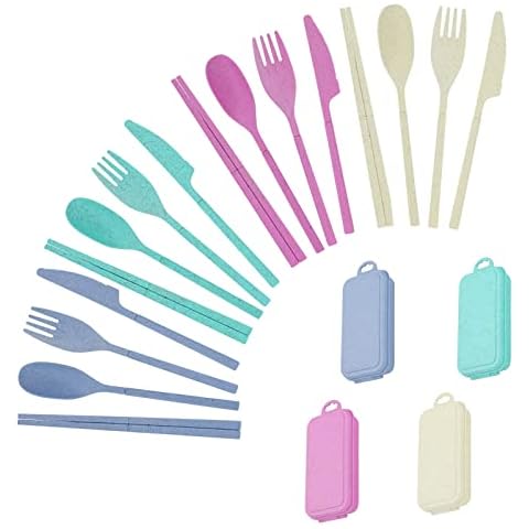 Camping Besteckset, 4 Pack Tragbares Reisebesteck mit Etui Abnehmbares Campingbesteck Kunststoff-Besteck Cover