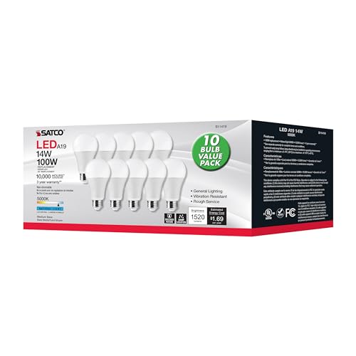 Image of Satco S11419, A19 LED Bulbs, 100W Replacement, 5000K, 10-Pack, 1600 Lumens | 1,600 lumens each, 14W energy use, Enclosed fixture approved, Damp location rated, Commercial or residential use