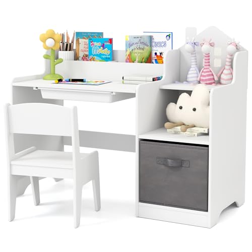 Maxmass Kids Desk and Chair Set, Wooden Children Study Table with Drawer, Open Shelves, Fabric...