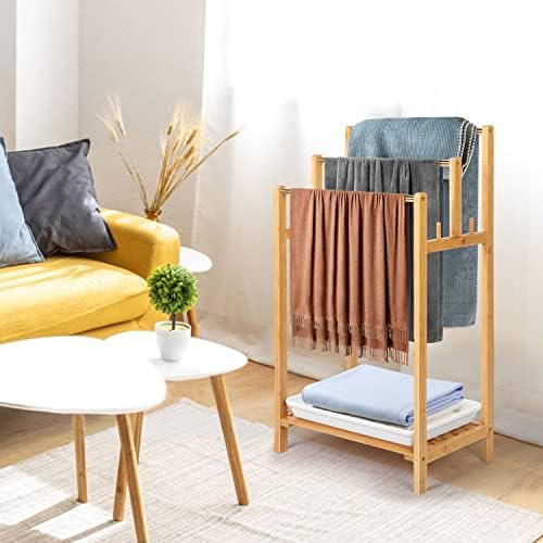 Nisorpa Bamboo Towel Rack 3 Tier Towels Rail with Racks, Wood Free Standing Clothes Holder Shelf with Storage Tray and Stainless Steel Towel Bar for Home Bathroom, Gym, Laundry
