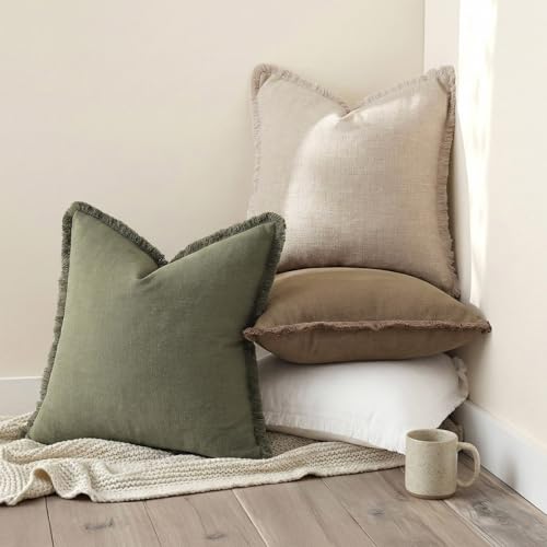 Image of decorUhome Linen Fringe Olive Green Throw Pillow Covers 18x18 Set of 2 | Decorative Soft Accent Modern Boho Farmhouse Cushion Covers with Tassels Cotton Pillow Covers for Couch Bed Sofa