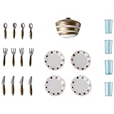 SPIELERISCHES KÜCHENZUBEHÖR Klassisches Puppenhauszubehör. Tischdecke mit Goldrand für Alltag und Party! Das schöne Geschirr der Lundby Familie mit goldfarbenem Dekor verleiht jeder Mahlzeit im Puppenhaus das gewisse Extra.